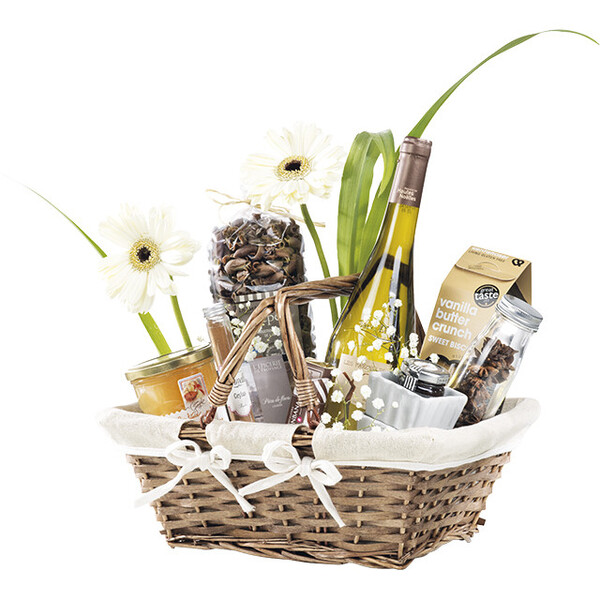 Cesta vime/madeira oval castanho tecido bege com alça