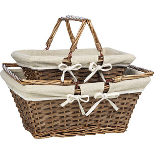Panier osier/bois rectangle marron tissu beige anses...
