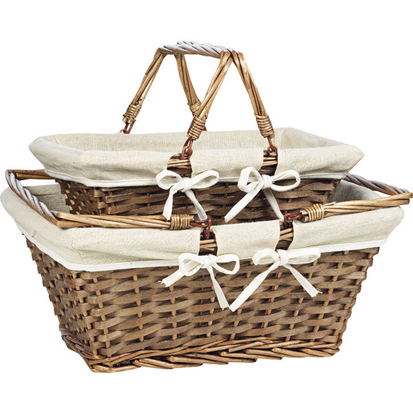 Cesta mimbre/madera rectangular marrón tejido blanco asas plegables