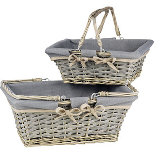 Cesta vime/madeira retangular cinza tecido cinza/bege com...