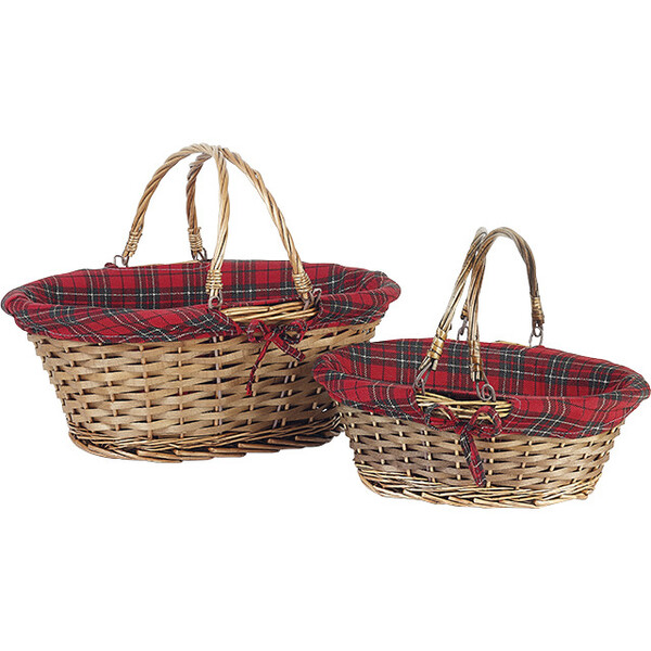 Panier osier/bois ovale marron tissu écossais rouge/noir/or anses rabattables