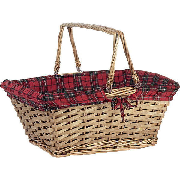 Cesta mimbre/madera rectangular marrón tartán escocés rojo/negro/dorado asas plegables