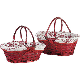 Basket wicker/wood oval red white fabric/red Snowflakes... 2