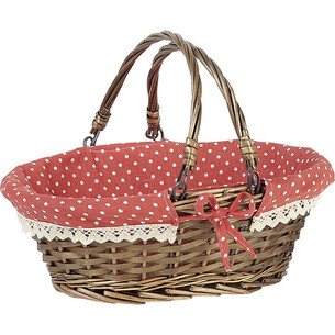 Panier osier/bois ovale marron tissu rouge à pois blanc...