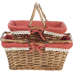 Panier osier/bois rectangle marron tissu rouge à pois... 2