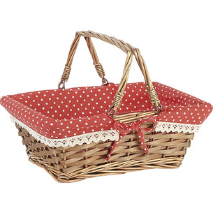 Panier osier/bois rectangle marron tissu rouge à pois...