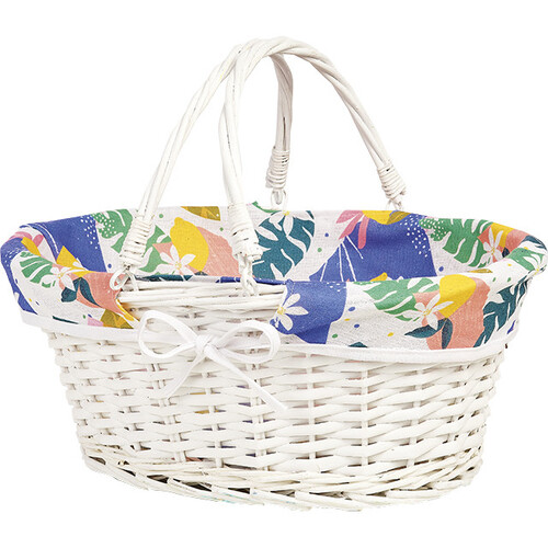 Basket wicker/wood oval CITRUS GARDEN white fabric foldable handles