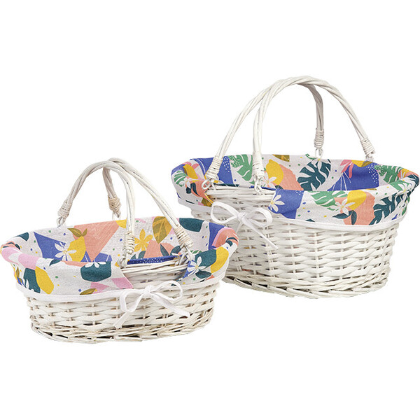 Basket wicker/wood oval CITRUS GARDEN white fabric foldable handles
