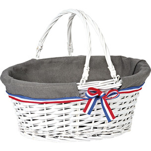 Basket wicker/wood oval grey fabric blue/white/red edging