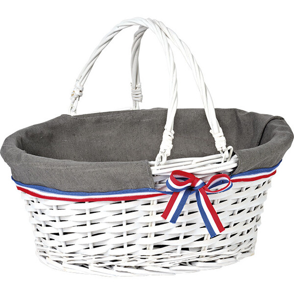 Cesta mimbre/madera ovalada tejido gris borde azul/blanco/rojo