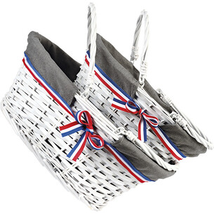 Basket wicker/wood oval grey fabric blue/white/red edging 2