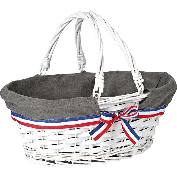 Basket wicker/wood oval white fabric foldable handles