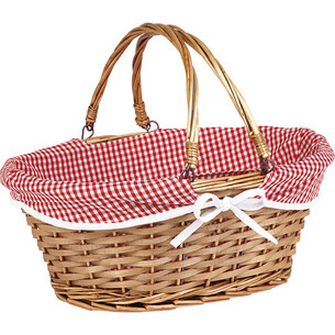 Panier osier/bois ovale marron tissu VICHY rouge/blanc...