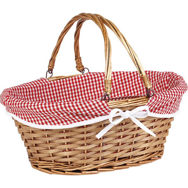 Cesta mimbre/madera ovalada marrón tejido VICHY rojo/blanco asas plegables