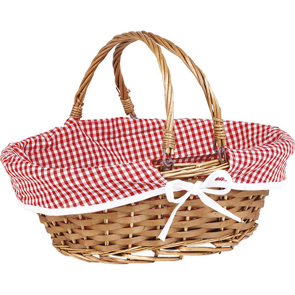 Basket wicker/wood oval brown VICHY red/white fabric foldable handles