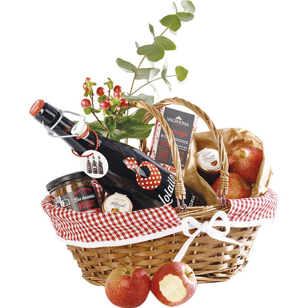 Basket wicker/wood oval brown VICHY red/white fabric foldable handles