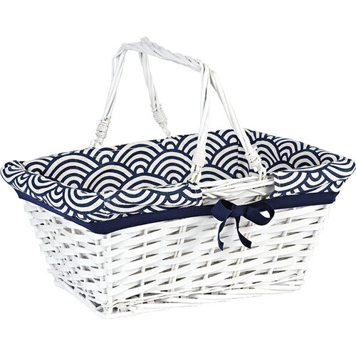 Basket wicker/wood oval white ESCAPE blue/white fabric foldable handles