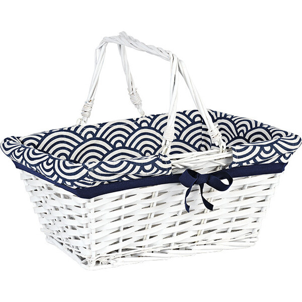 Basket wicker/wood oval white ESCAPE blue/white fabric foldable handles