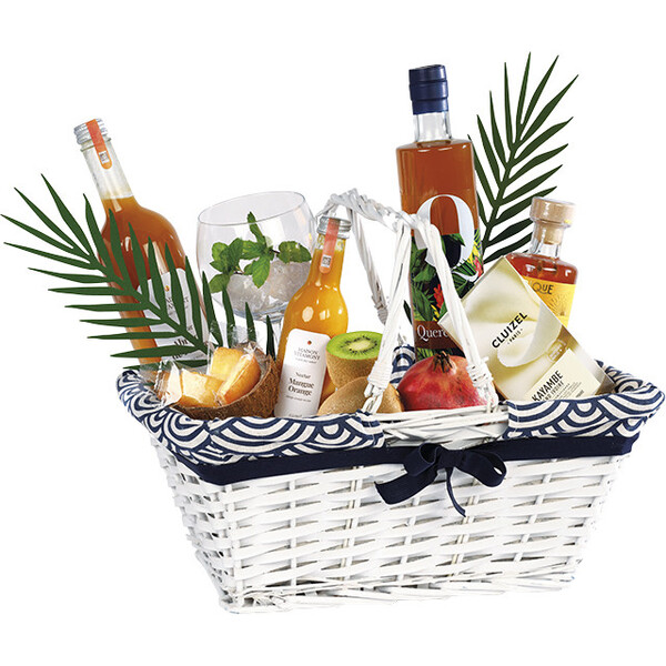 Basket wicker/wood oval white ESCAPE blue/white fabric foldable handles
