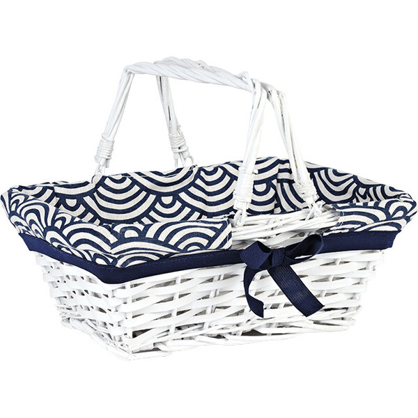 Cesta mimbre/madera rectangular blanco tejido EVASIÓN azul/blanco asas plegables
