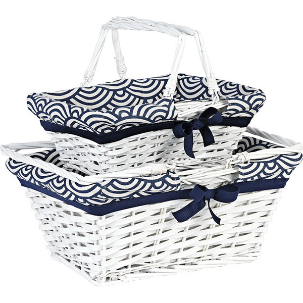 Cesta mimbre/madera rectangular blanco tejido EVASIÓN azul/blanco asas plegables