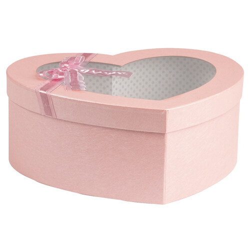 Box cardboard heart pink iridescent satin bow