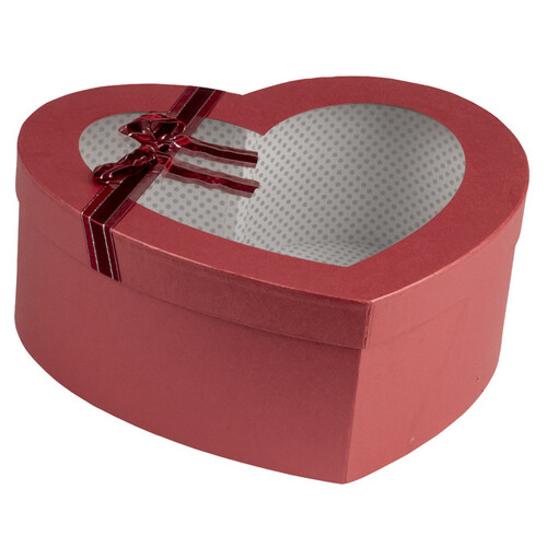 Box cardboard heart red iridescent satin bow