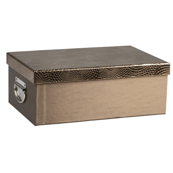 Caja cartón rectangular marrón/iridiscente/tapa diseño espiral asas metal