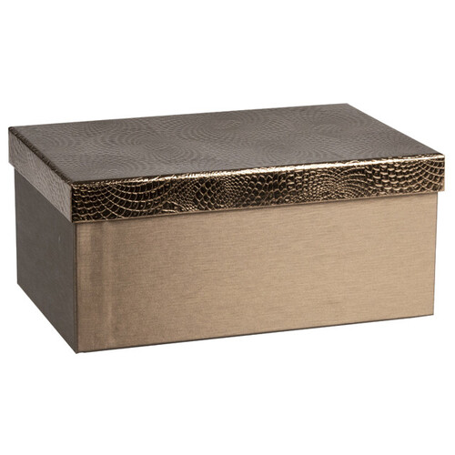 Caja cartón rectangular marrón/iridiscente/tapa diseño espiral asas metal