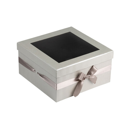 Coffret carton carré argent/irisé noeud satin