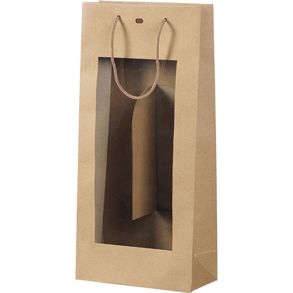 Bolsa papel kraft 2 botellas/ventana PVC/asas cuerda/ojal separadores