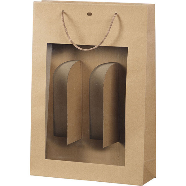 Sac papier kraft 3 bouteilles fenêtre PVC/poignées corde/oeillet de fermeture/intercalaire