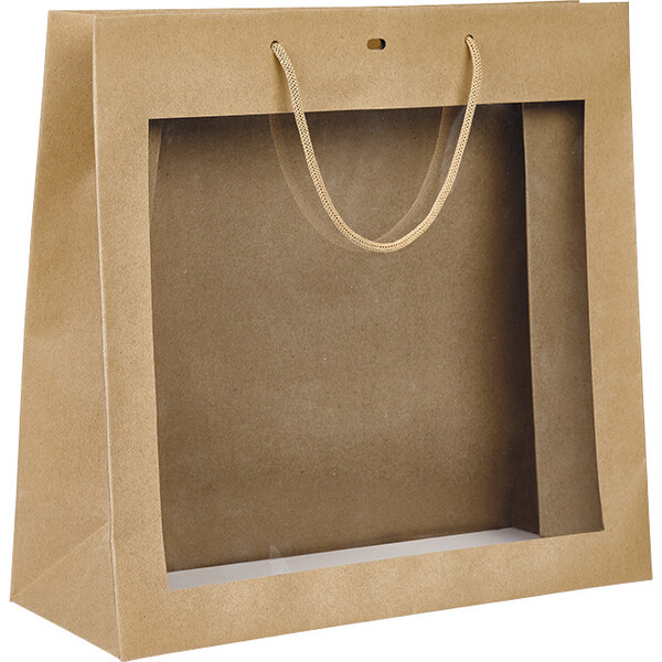 Bolsa papel kraft ventana PET asas cuerda kraft ojal
