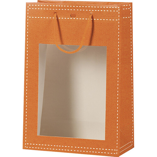 Sac papier orange fenêtre PVC/poignées corde/oeillet de fermeture