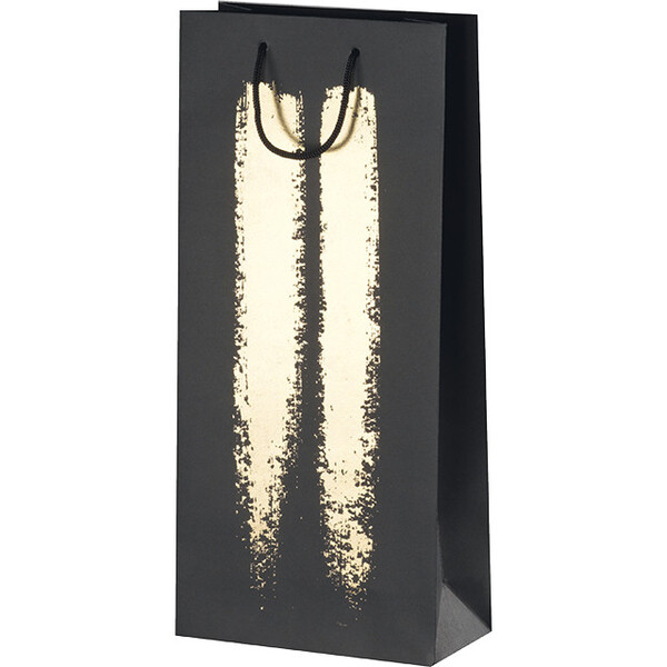 Bolsa papel 2 botellas negro/dorado asas cuerda/ojal/separador