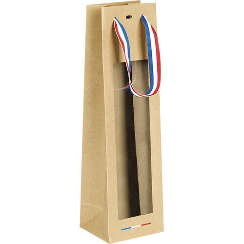 Saco de papel kraft 1 garrafa com janela/alças fita azul/branco/vermelho