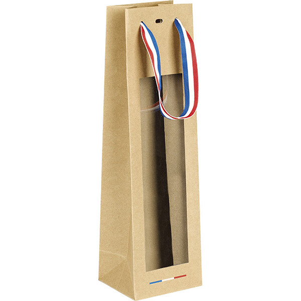 Bolsa papel kraft 1 botella ventana PVC  asas cinta azul/blanco/rojo/ojal
