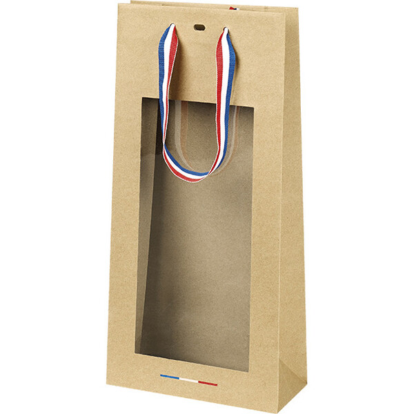 Bolsa papel kraft 2 botellas ventana PVC  asas cinta azul/blanco/rojo/ojal/ separador