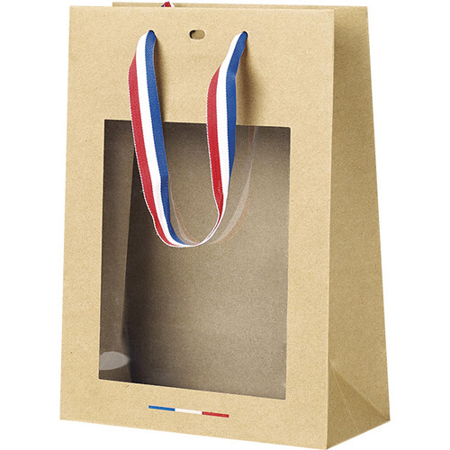 Saco de papel kraft com janela/asas fita azul/branco/vermelho