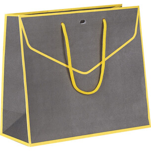 Sac papier gris/jaune poignées corde/oeillet de fermeture