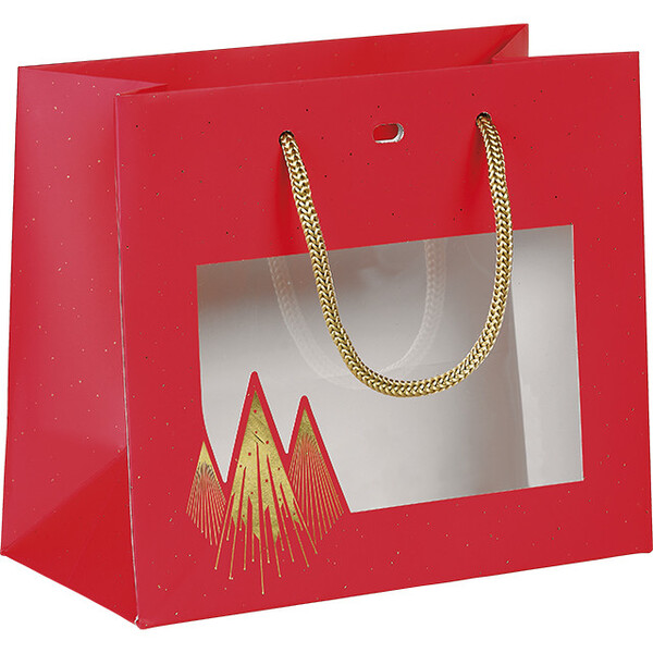 Sac papier NOEL PRESTIGE rouge/dorure à chaud or/fenêtre PET/poignées corde/oeillet de fermeture