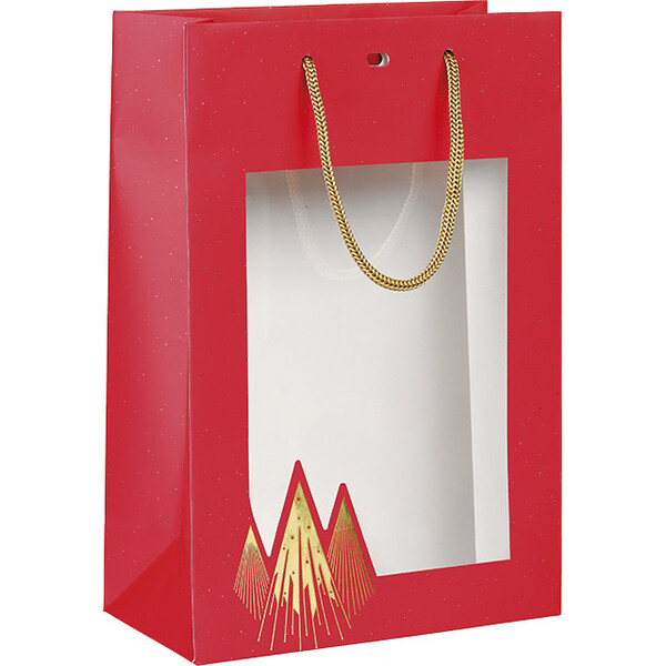 Bolsa papel PRESTIGIO DE NAVIDAD rojo/estampación en caliente dorado/ventana PET/asas cuerda/ojal