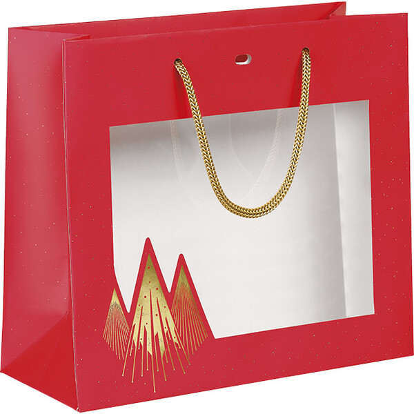 Bolsa papel PRESTIGIO DE NAVIDAD rojo/estampación en caliente dorado/ventana PET/asas cuerda/ojal
