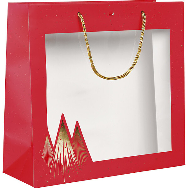 Sac papier NOEL PRESTIGE rouge/dorure à chaud or/fenêtre PET/poignées corde/oeillet de fermeture