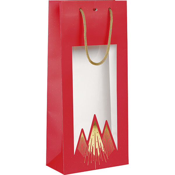 Sac papier 2 bouteilles NOEL PRESTIGE rouge/dorure à chaud or/fenêtre PET/poignées corde/oeillet de fermeture