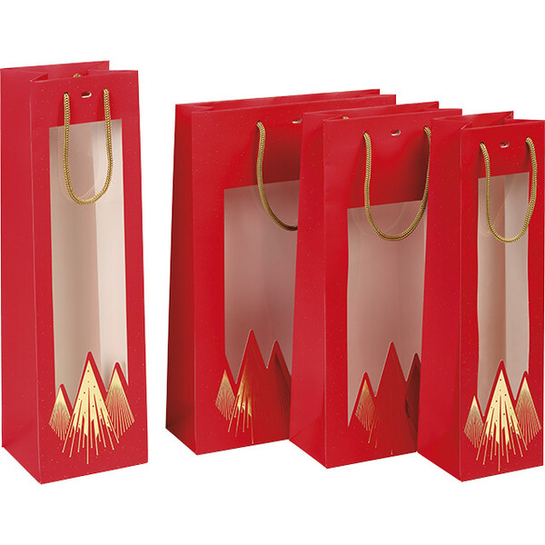 Sac papier 2 bouteilles NOEL PRESTIGE rouge/dorure à chaud or/fenêtre PET/poignées corde/oeillet de fermeture