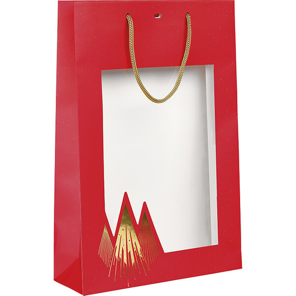 Bag paper 3 bottles CHRISTMAS PRESTIGE red/gold hot foil stamping/ PET window/cord handles/eyelet