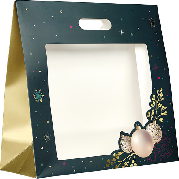 Saco papel NATUREZA ENCANTADA verde/estampagem a quente ouro/janela PET/fechamento adesivo