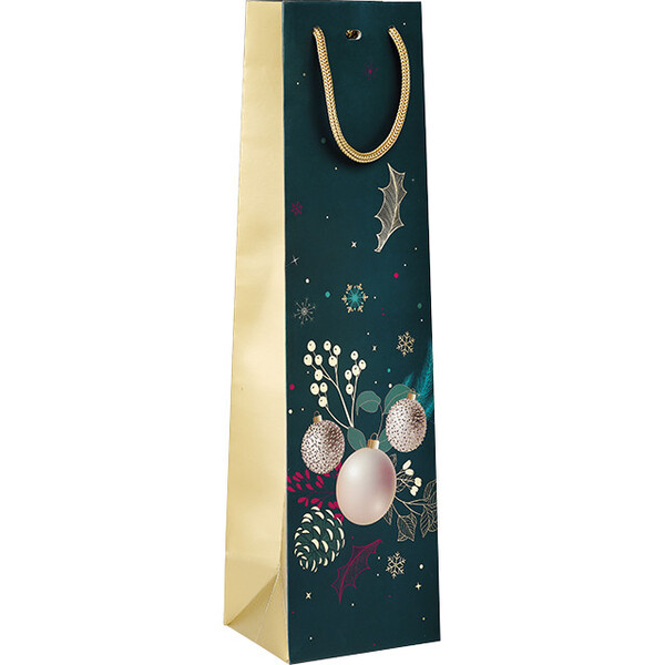Bolsa papel 1 botella NATURALEZA ENCANTADA verde/estampación en caliente dorado/asas cuerda/ojal