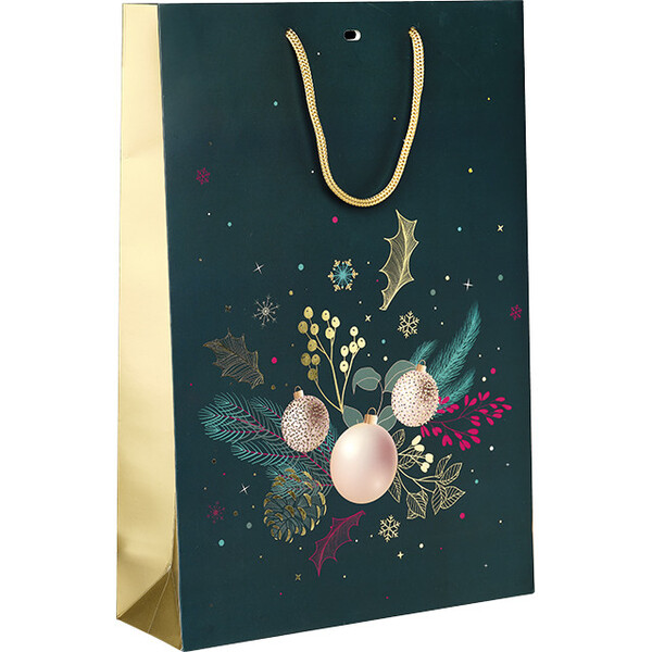 Bolsa papel 3 botellas NATURALEZA ENCANTADA verde/estampación en caliente dorado/asas cuerda/ojal